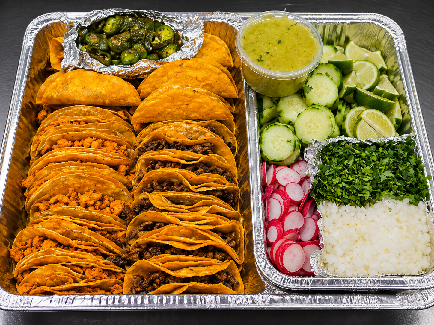 Salsa Grill catering trays with rice, fries, beef, and sides