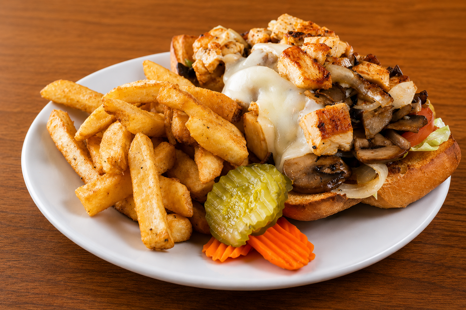 Hearty sandwich with fries and pickles