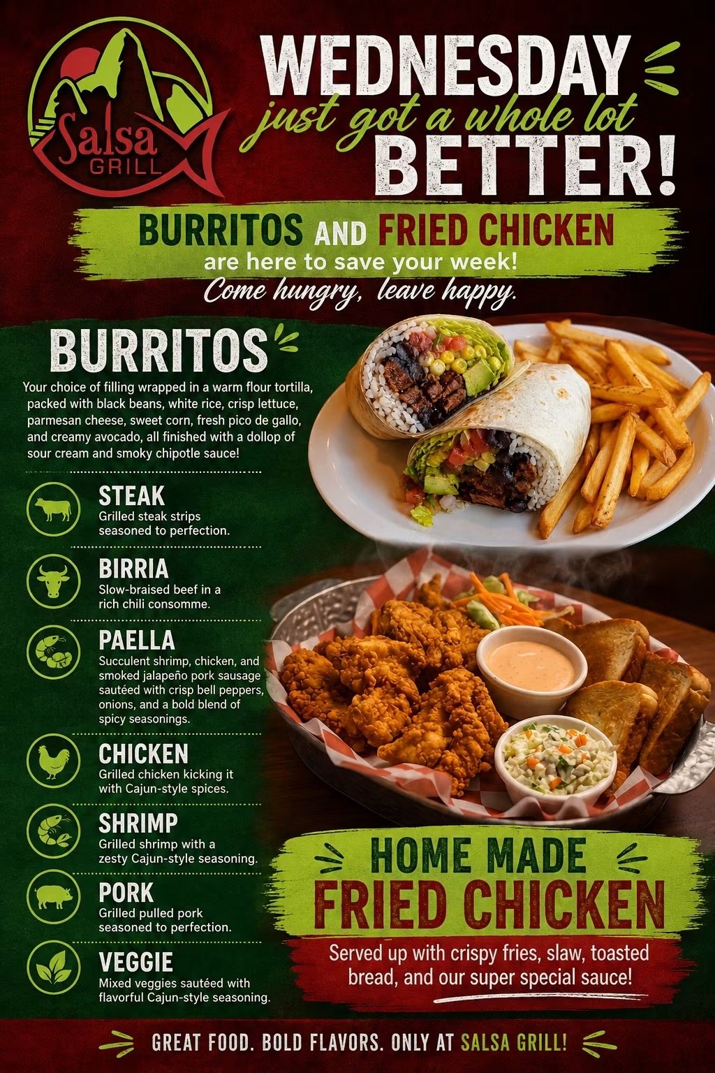 Salsa Grill Wednesday burrito and fried chicken special